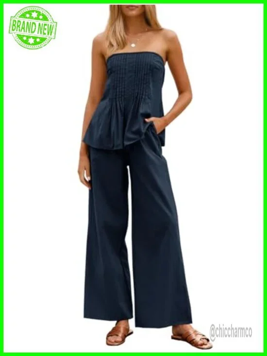 2 Piece Strapless Tube Top Wide Leg Pants Matching Lounge Set
