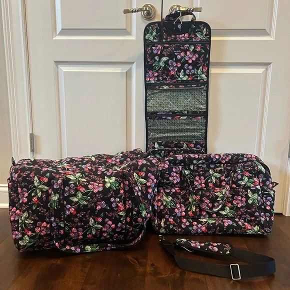 Vera Bradley Black Floral Travel Bag Set with Pink & Green Accents