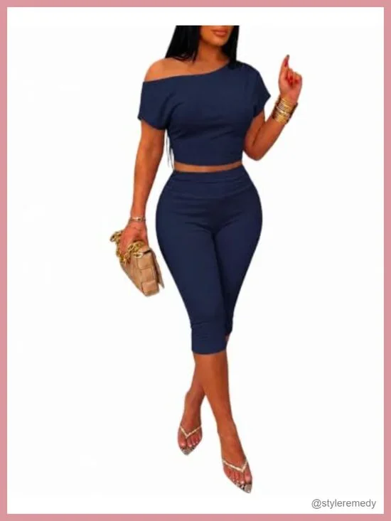 Off Shoulder Crop Top & Capri Pants Two Piece Set Ribbed Knit Loungewear