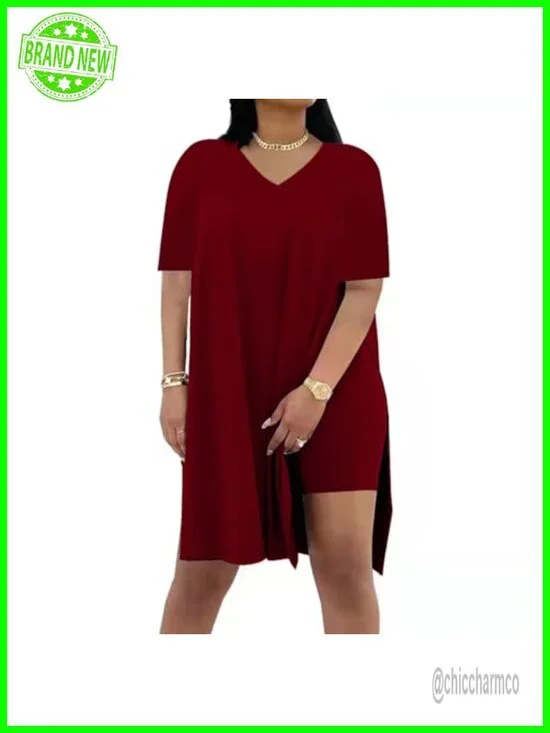 Plus Size 2 Piece Outfits Short Sleeve Tunic Tops Bodycon Biker Shorts Set