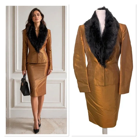Vtg Luca Luca 3pc Silk Shantung Skirt Suit Set Copper Faux Fur Collar Hollywood