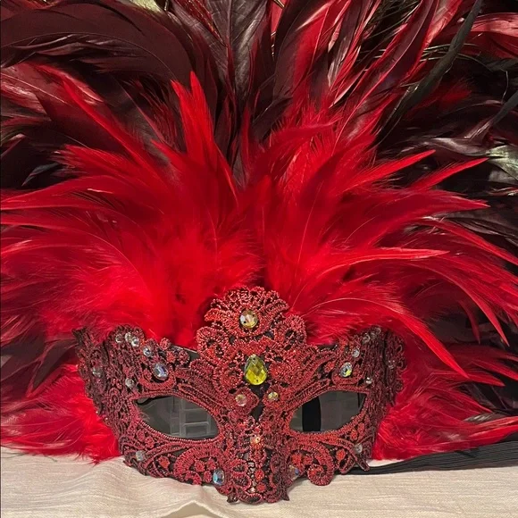 Red Feathered Masquerade Mask