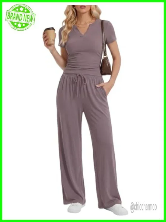 2 Piece Lounge Sets Women Summer Travel V Neck Top Wide Leg Pants