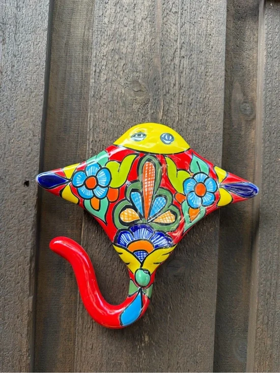 Hand-Painted  Talavera Stingray  Wall Hook - Bright Multicolor
