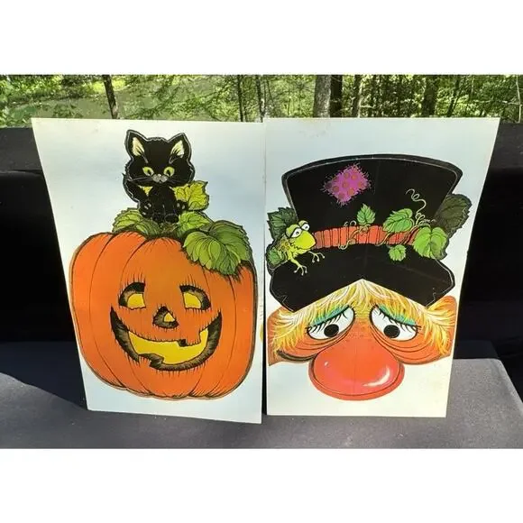 2 Vintage Halloween Masks Hallmark Paper Percy Pumpkin & Gus Goblin Unused!