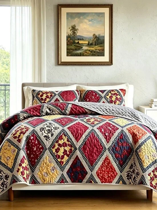 Queen Size Patchwork Quilt Set Boho Floral Geometric Bedspread Coverlet Soft Mic