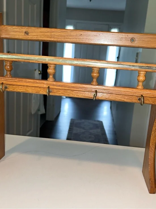 Vintage wood oak 4 tea cup hooks saucer shelf cottage core