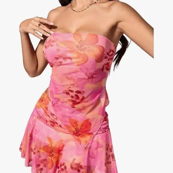 Soly Hux Floral Tube Top Mini Skirt Set Y2K Beach Vacation Co-Ord Outfit Summer