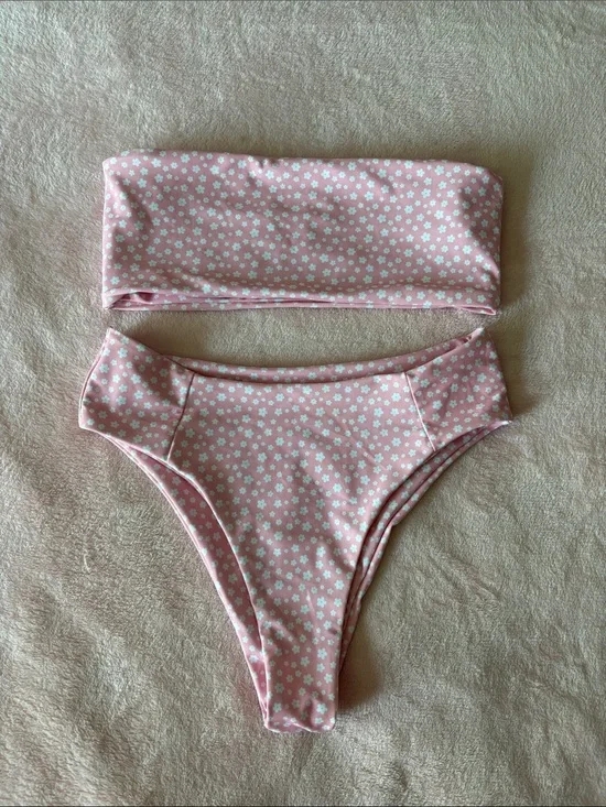 SHEIN Pink White Floral Bandeau Bikini Set