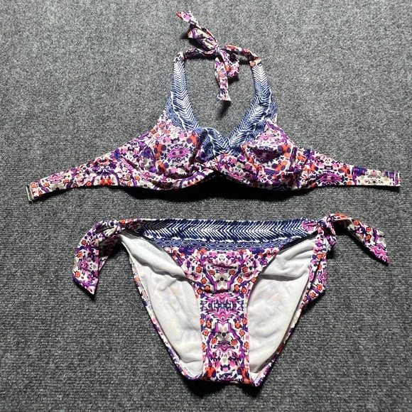 Athleta Purple Floral Underwire Halter Bikini Set 32 B/C XS Side Tie Bottoms