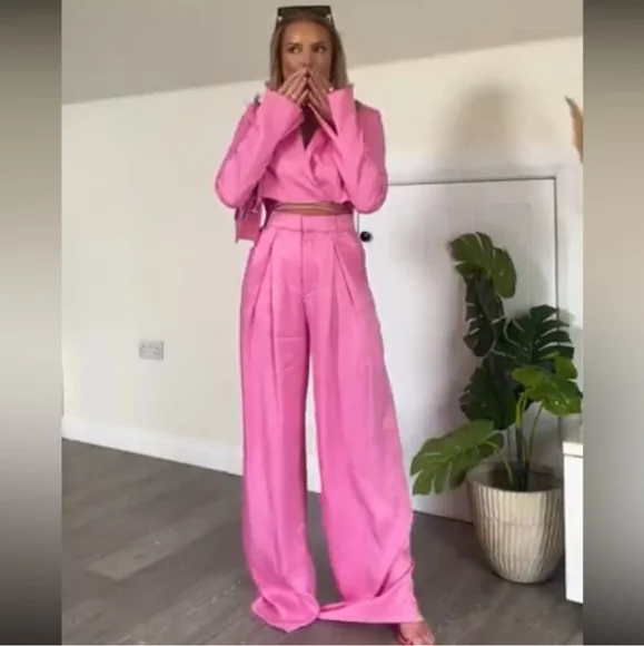 Zara 2pc Matching Set  * Satin Cropped Blazer and Wide Pants Pink Size S