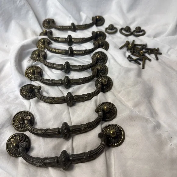 Lot vintage Drop bail dresser pulls Antique Brass Bronze Ornate 8 Handles 3 ring