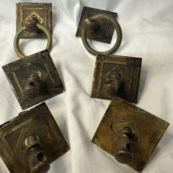 Vintage Lot Brass 6 Arts & Crafts drawer Square Ring pull Steampunk Boho Diamond