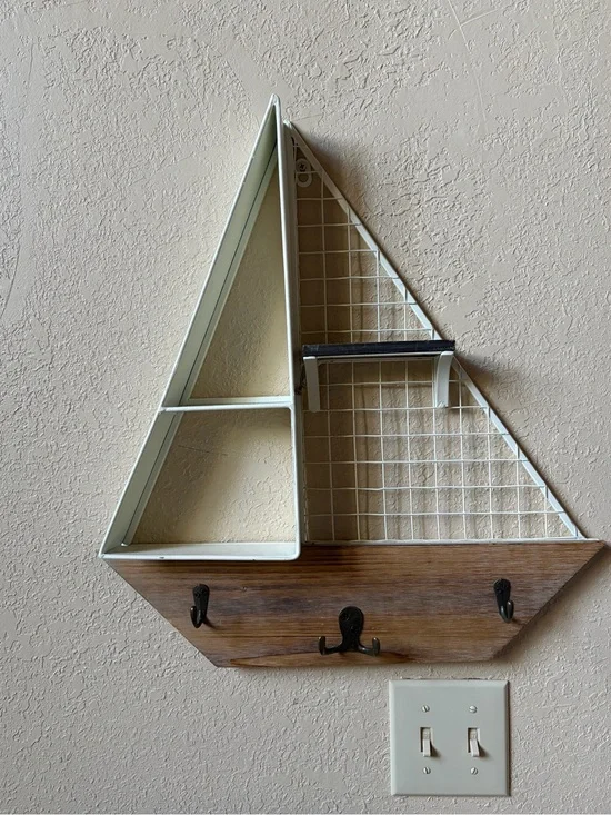 Sailboat Wall Shelf with Hooks in White and Wood (Dimensions 20”x19”x21”)