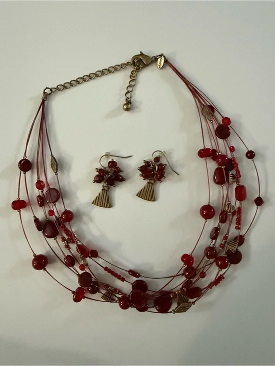 Chico’s Red Multi-Strand Bead Necklace and Earring Set
