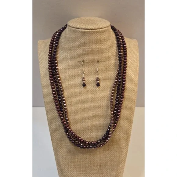 Triple Strand Burgundy Purple Pearl & Sterling Silver Necklace & Earrings Set