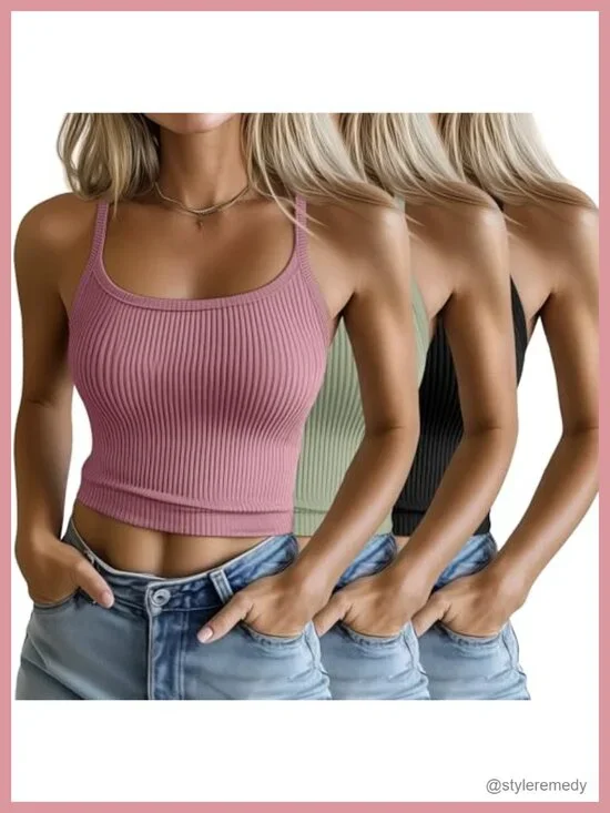 3 Pack Women's Ribbed Cotton Crop Tank Tops Spaghetti Strap Sleeveless Slim Fit