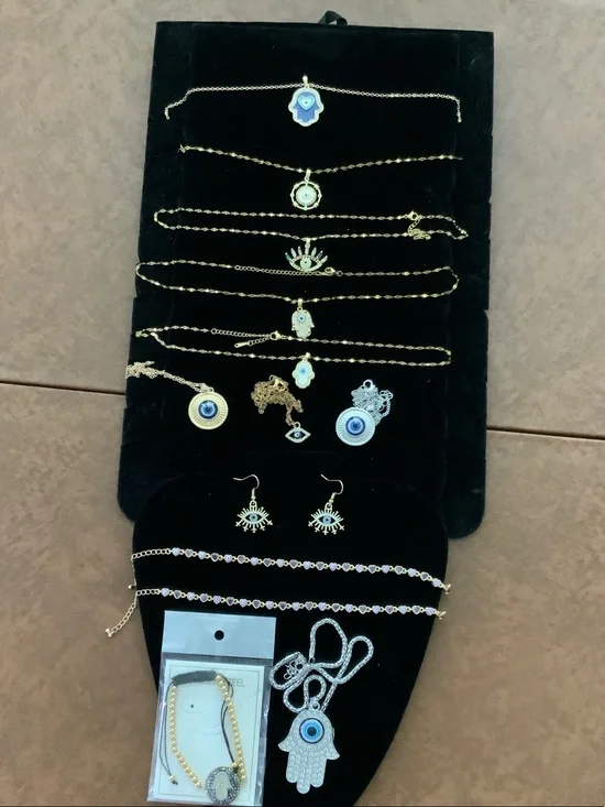 Gold Hamsa & Evil Eye Necklace Set with Blue Accents