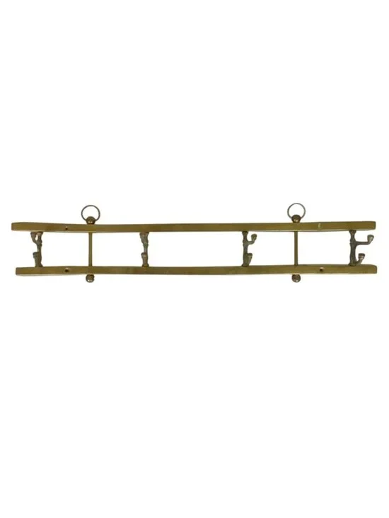 Vintage Brass Wall-Mounted Coat & Hat Rack With Ornate Hooks And Ring Details