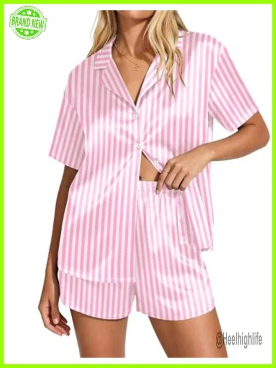 Satin Pajama Set Short Sleeve Button Down Sleepwear 2 Piece Silky Pj Set Ladies