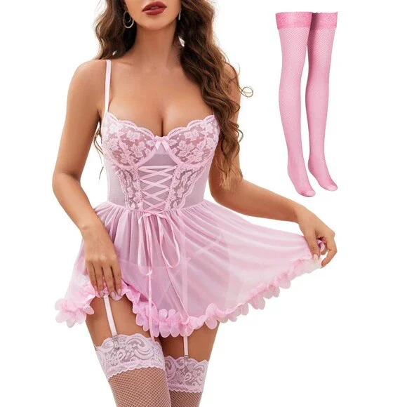 Tidouk Women's Pink Lingerie Dress Sexy Lace Baby Doll Nightgown Push Up XXL