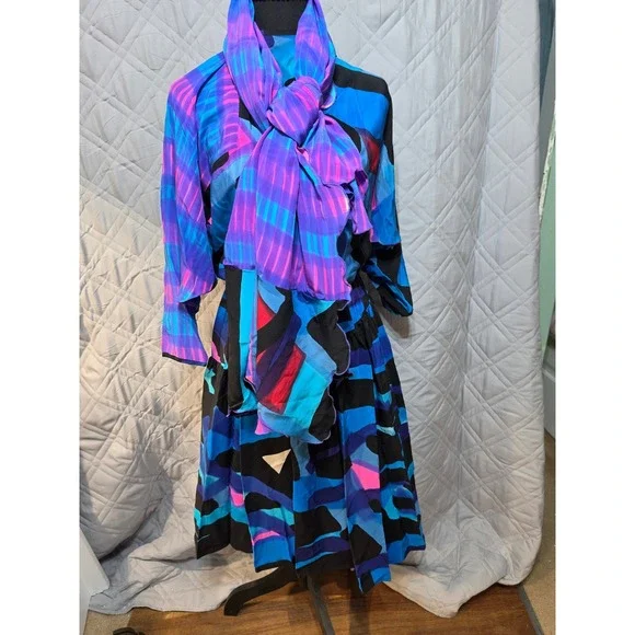 Vtg 80s Babacho for Nicole Hand Painted Silk Dress & Matching Scarf Set Art
