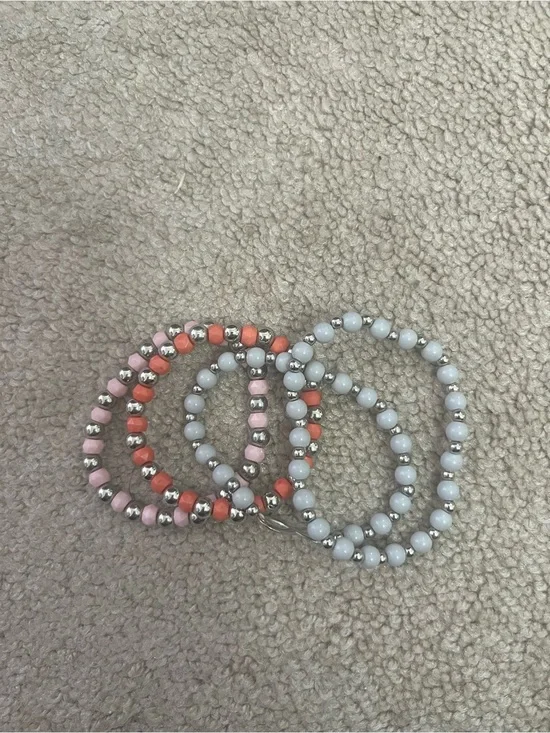 4 Beaded Stretch Bracelet Set - Coral, Pink & silver