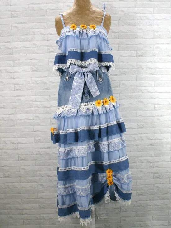 HAND CRAFTED Upcycled Skirt Set Denim Jean Lace Paisley Floral Maxi Blue Medium