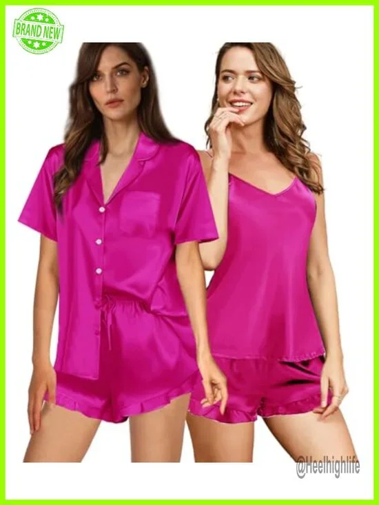 Womens 3Pcs Satin Pajamas Set Ruffle Camisole Sleepwear Pj Sets