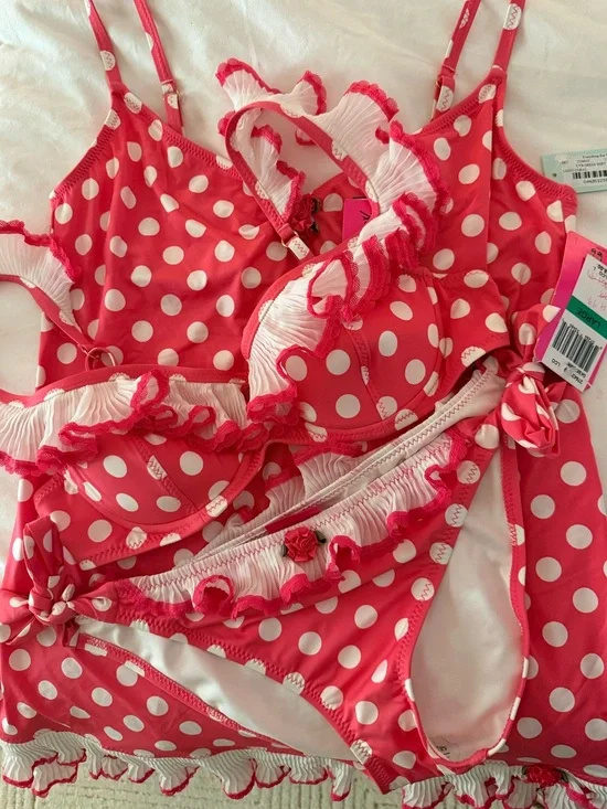 NWT Vintage Betsey Johnson Coral Pink Polka Dot Ruffle Bikini & Cover Up Set L