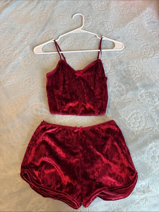 Fashion Nova Velvet Burgundy Two-Piece Sleep Set - Cropped Cami & Lounge Shorts
