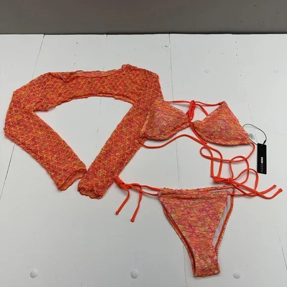 Fashion Nova Bikini Swimsuit Set Womens XL Orange Crochet 3 Piece Lined Stretch