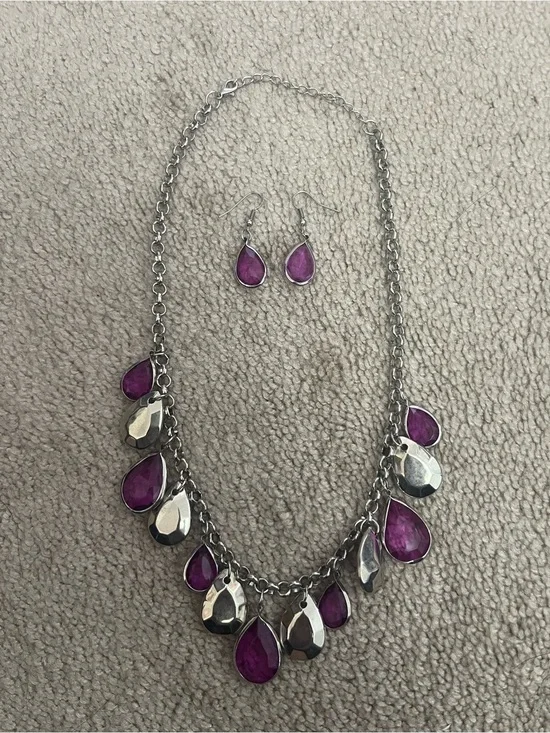 Women's Silver Necklace & Earrings Set with Purple Teardrop Accents