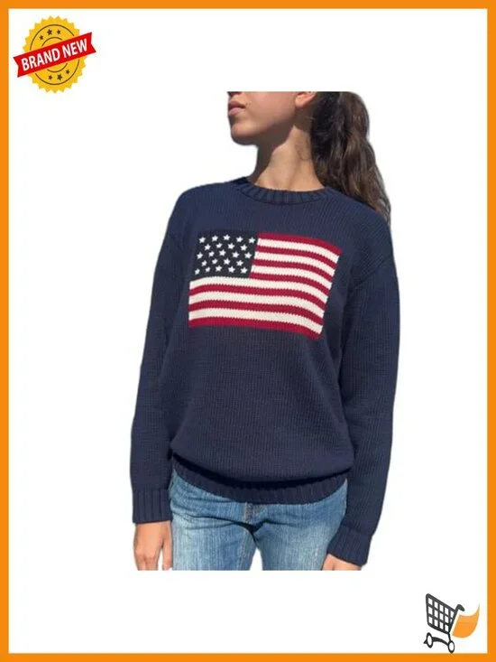 American Flag Crew Neck Loose Fit Knit Pullover Sweater