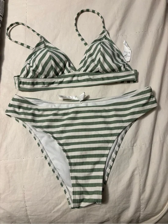 Amazon Women’s Green and White Striped Bikini Set