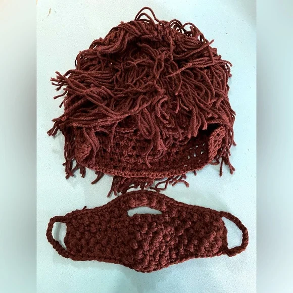 Handmade Brown Crochet Hair-Hat & Mustache & Beard Mask Set