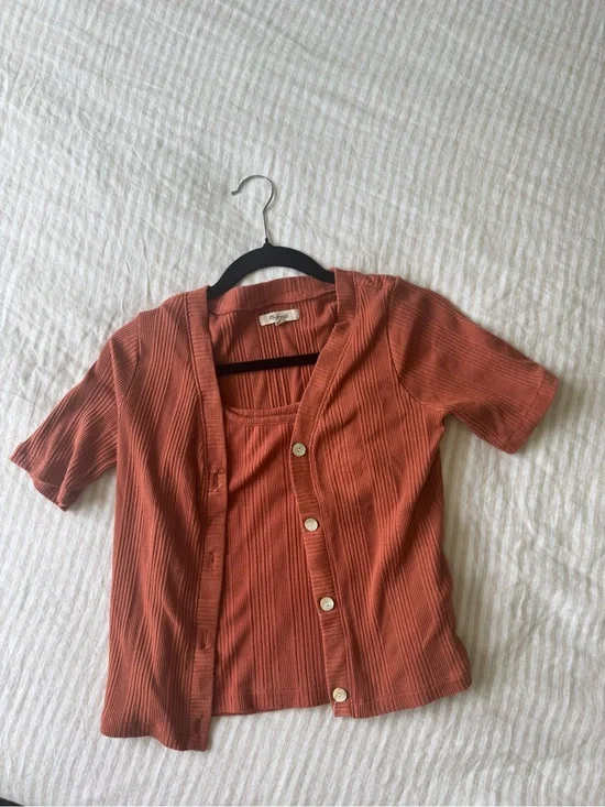 Madewell Rust Orange Ribbed Camisole & Button Cardigan Set