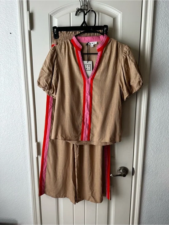 THML Sunset Stripes Camel Pink Red Set Puff Sleeve Drawstring Waist size XS Nwt