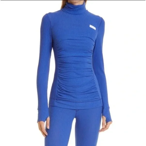 GANNI Ribbed Knit Two Piece Set Size Small Blue‎ Turtleneck Top Stirrup Leggings