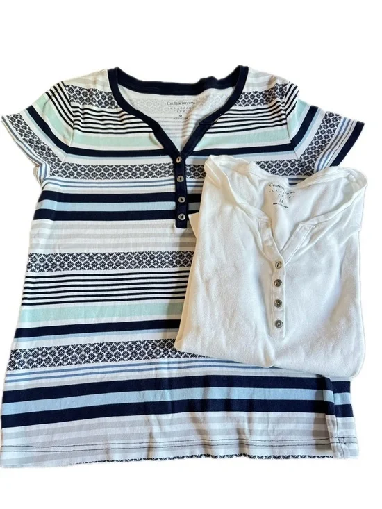 2 Croft & Barrow Classic Tee Blue Striped & White Short Sleeve Henley Tops M