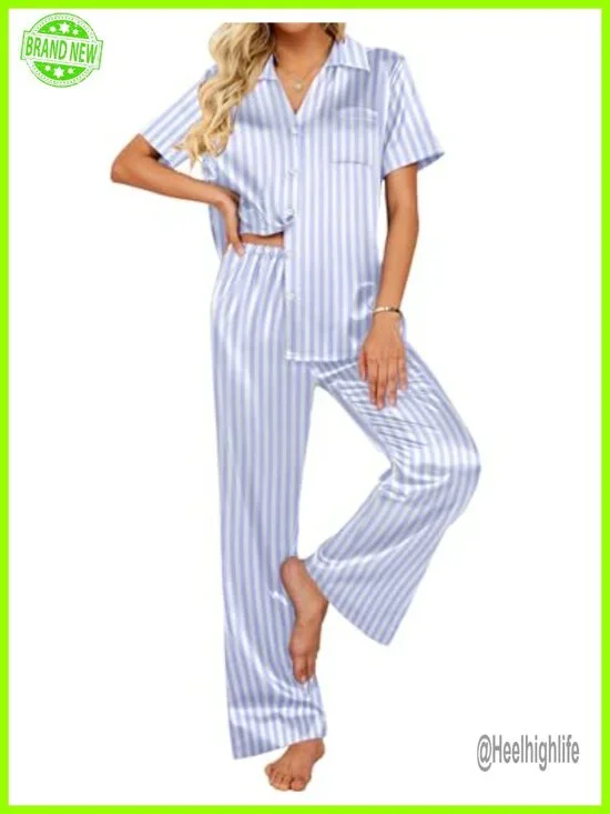 Silk Pajama Set for Women 2 Piece Satin Pjs Button Down Sleepwear with Pockets