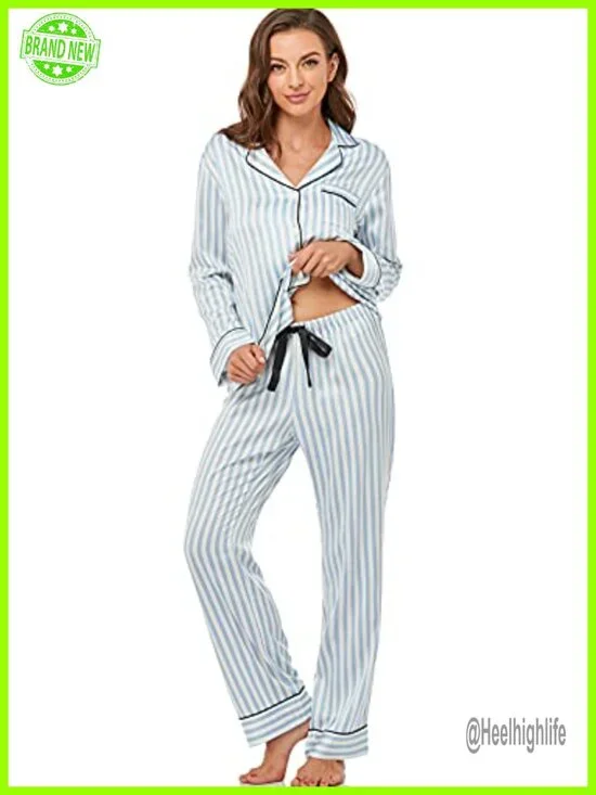 Satin Pajama Set Long Sleeve Button Down Sleepwear 2-Piece Silky Pj Set