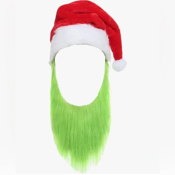 Mens Green Beard Santa Hat with Furry Gloves for Adult Christmas Cosplay Costume