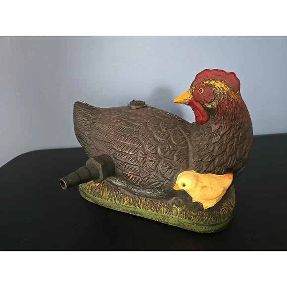 Vintage Cast Iron Painted Chicken Hen & Baby Chicks Metal Doorstop