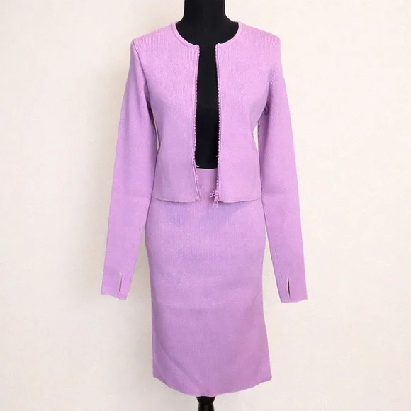 GSTQ Lilac Ribbed Knit Skirt Set Quiet Luxury NWT M/L