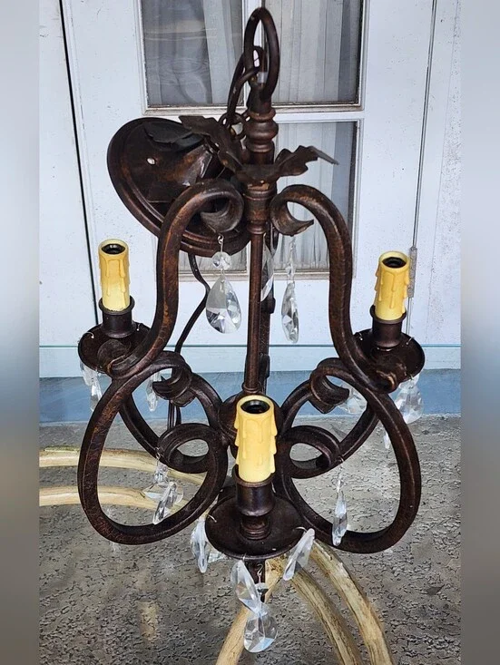 Vintage Bronze Crystal Leaf Semi Flush Mini Chandelier, Rare & Unique