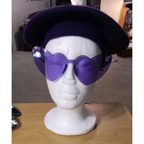 Purple Beret Wool Blend Hat One Size Matching Purple Heart Sunglasses-Decorative