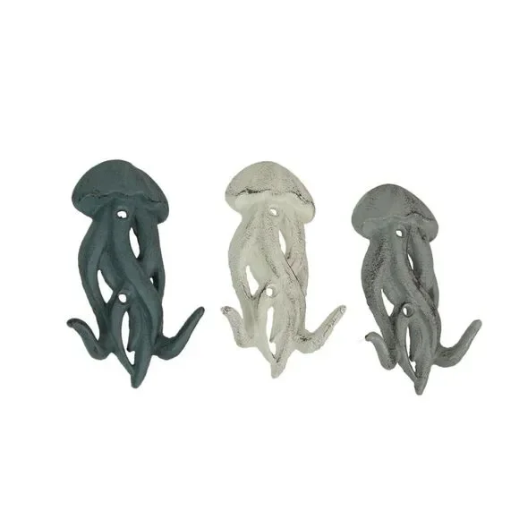 Set of 3 Cast Iron Jellyfish Wall Hooks 5 Inches High Coastal Decor