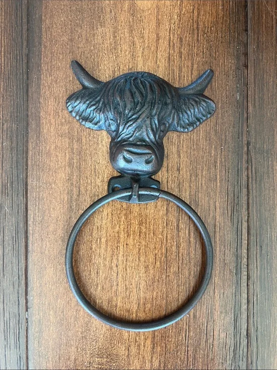Highland Cow Wall Towel Ring in Dark Brown