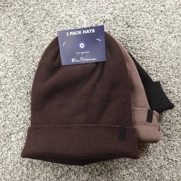 NEW Ben Sherman Hat Beanie Cap Mens One‎ Size Black Brown Beige Knit 3 Pack Warm